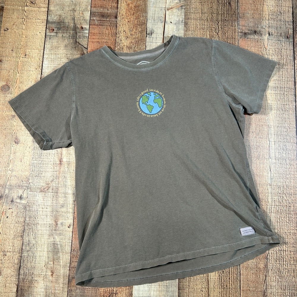 Life is Good Olive Green Cotton Earth Graphic Tee Relaxed Fit Short Sleeve L